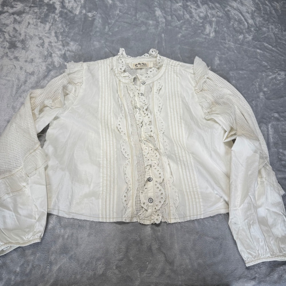We The Free Free People White Eyelet Lace Ruffle Button Down Medium - Picture 3 of 11